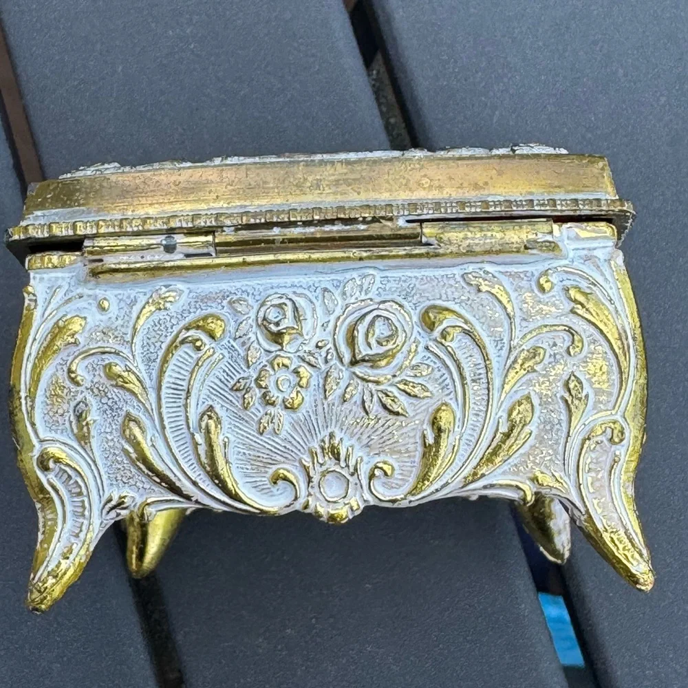 Vintage Footed Square Metal Jewelry Trinket Box Red Velvet Lined Japan